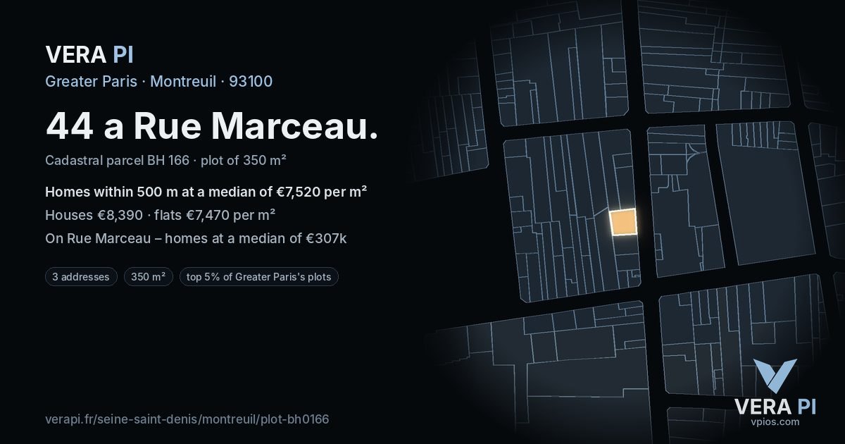 44 a Rue Marceau, Montreuil at night – the plot lit, the parcels around coloured by the prices near them