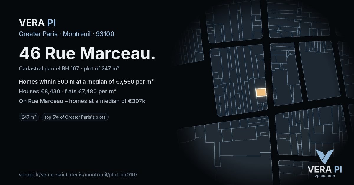46 Rue Marceau, Montreuil at night – the plot lit, the parcels around coloured by the prices near them