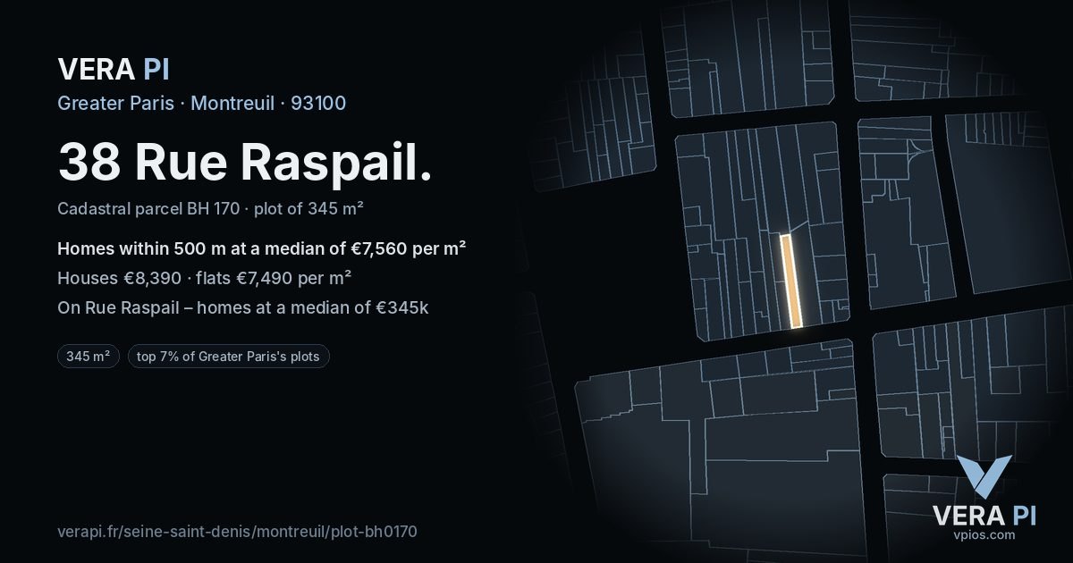 38 Rue Raspail, Montreuil at night – the plot lit, the parcels around coloured by the prices near them