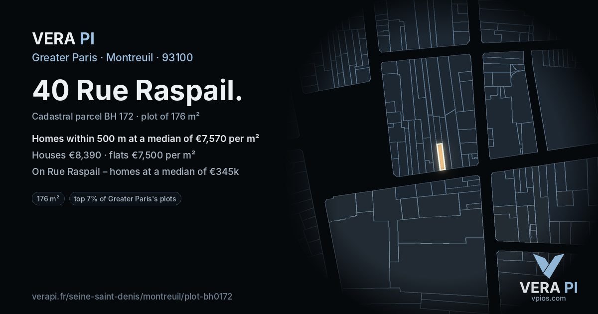 40 Rue Raspail, Montreuil at night – the plot lit, the parcels around coloured by the prices near them