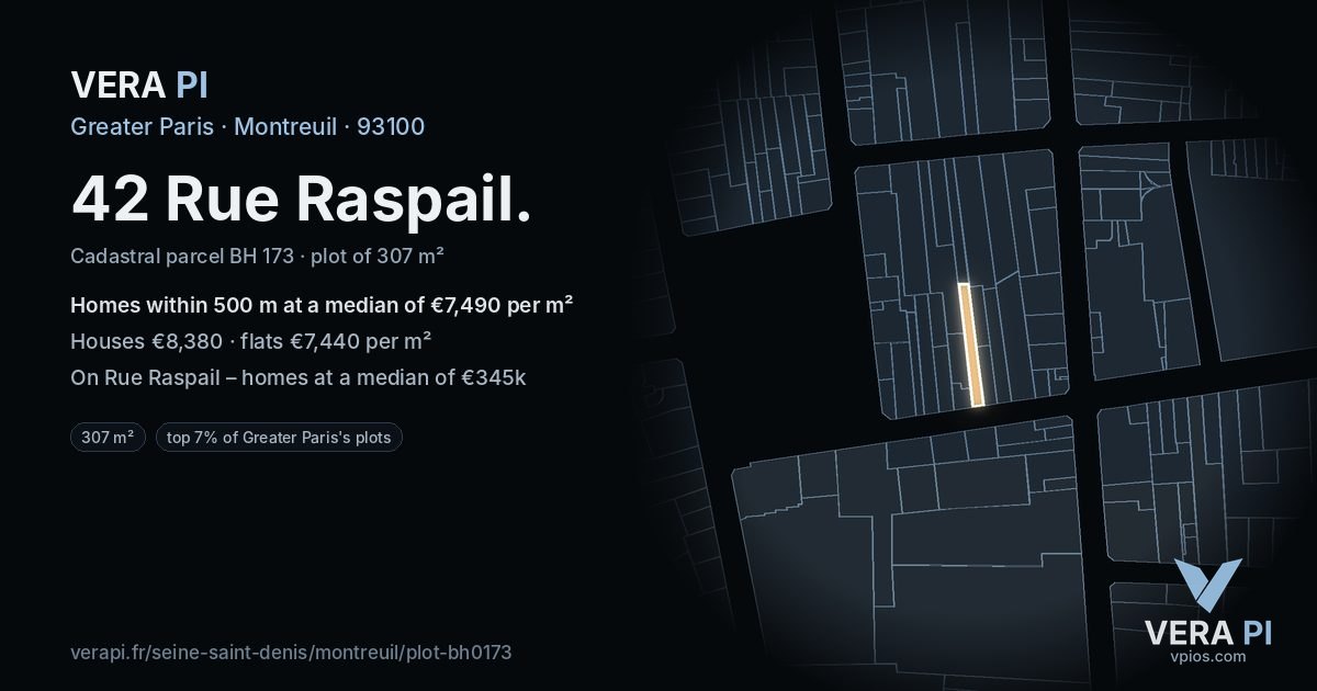 42 Rue Raspail, Montreuil at night – the plot lit, the parcels around coloured by the prices near them