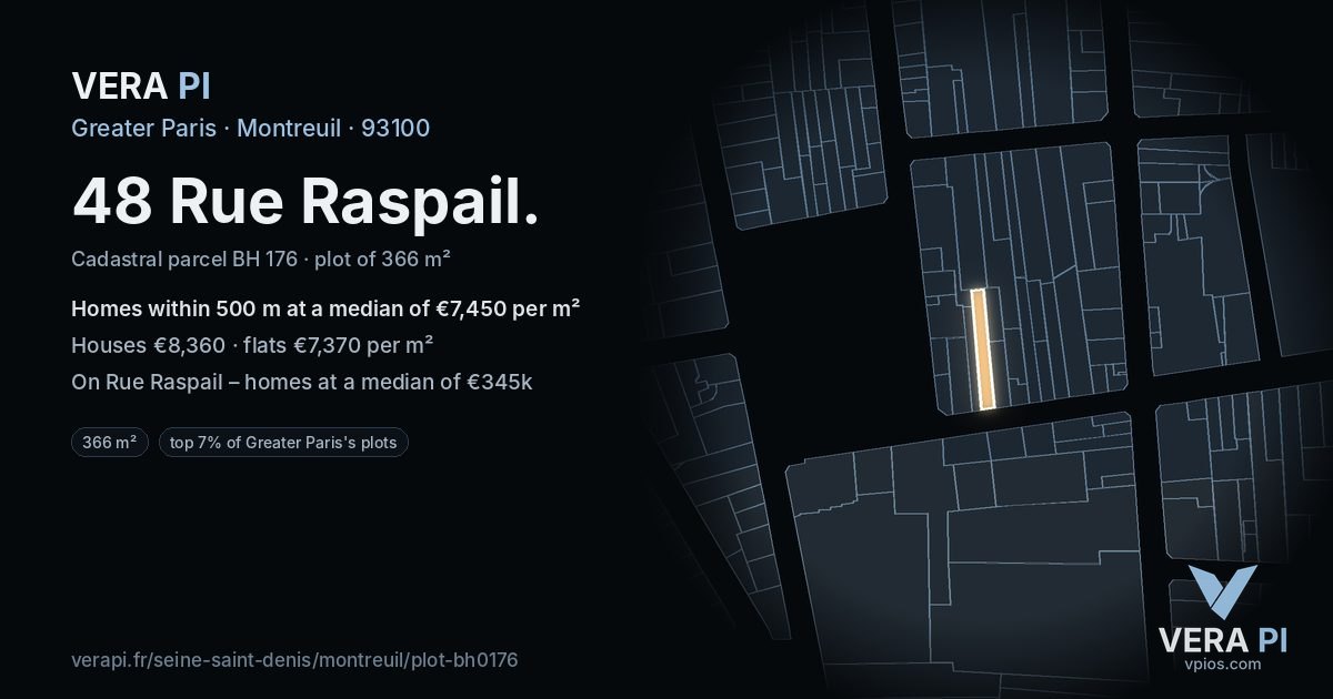 48 Rue Raspail, Montreuil at night – the plot lit, the parcels around coloured by the prices near them