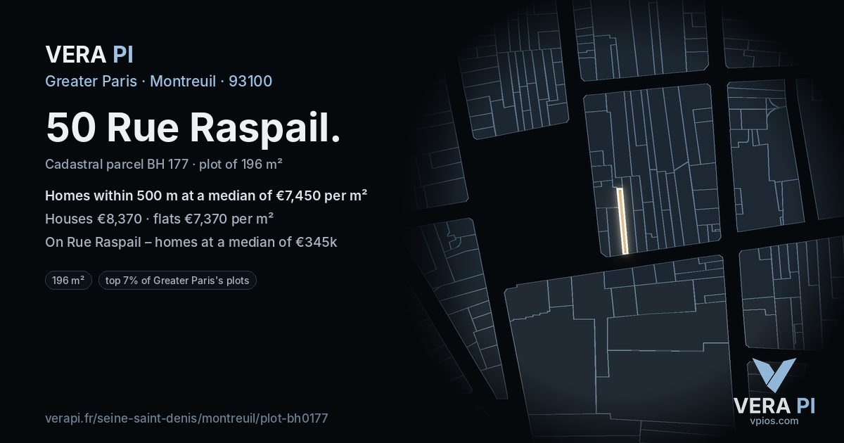 50 Rue Raspail, Montreuil at night – the plot lit, the parcels around coloured by the prices near them