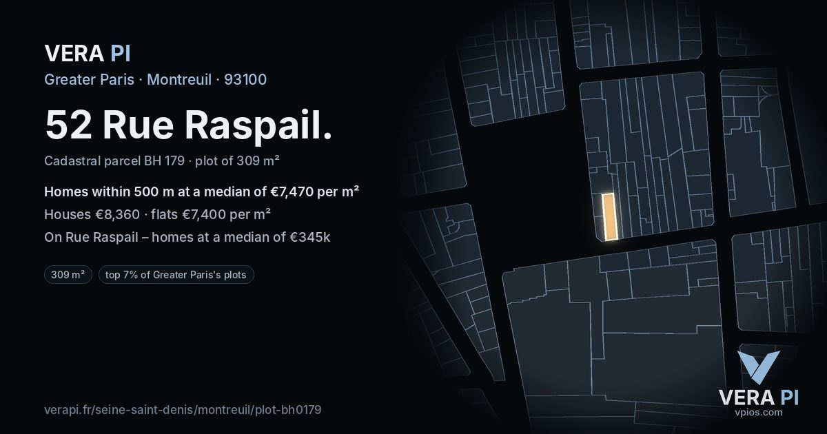 52 Rue Raspail, Montreuil at night – the plot lit, the parcels around coloured by the prices near them