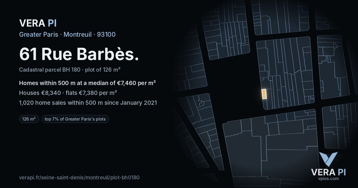 61 Rue Barbès, Montreuil at night – the plot lit, the parcels around coloured by the prices near them