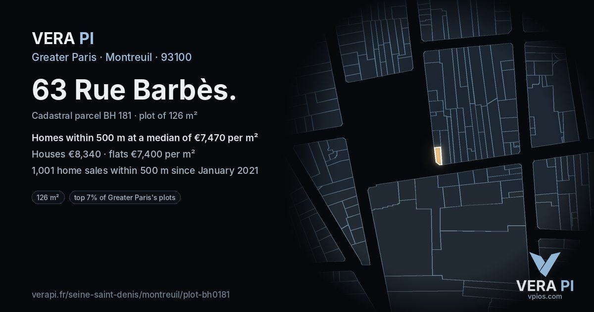 63 Rue Barbès, Montreuil at night – the plot lit, the parcels around coloured by the prices near them