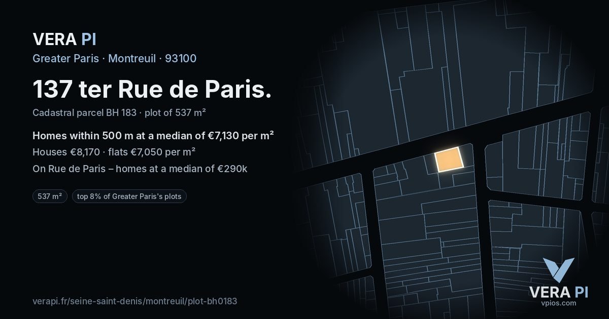 137 ter Rue de Paris, Montreuil at night – the plot lit, the parcels around coloured by the prices near them