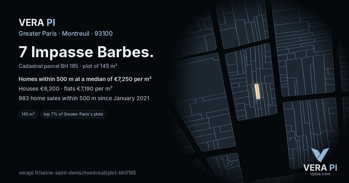 7 Impasse Barbes, Montreuil at night – the plot lit, the parcels around coloured by the prices near them