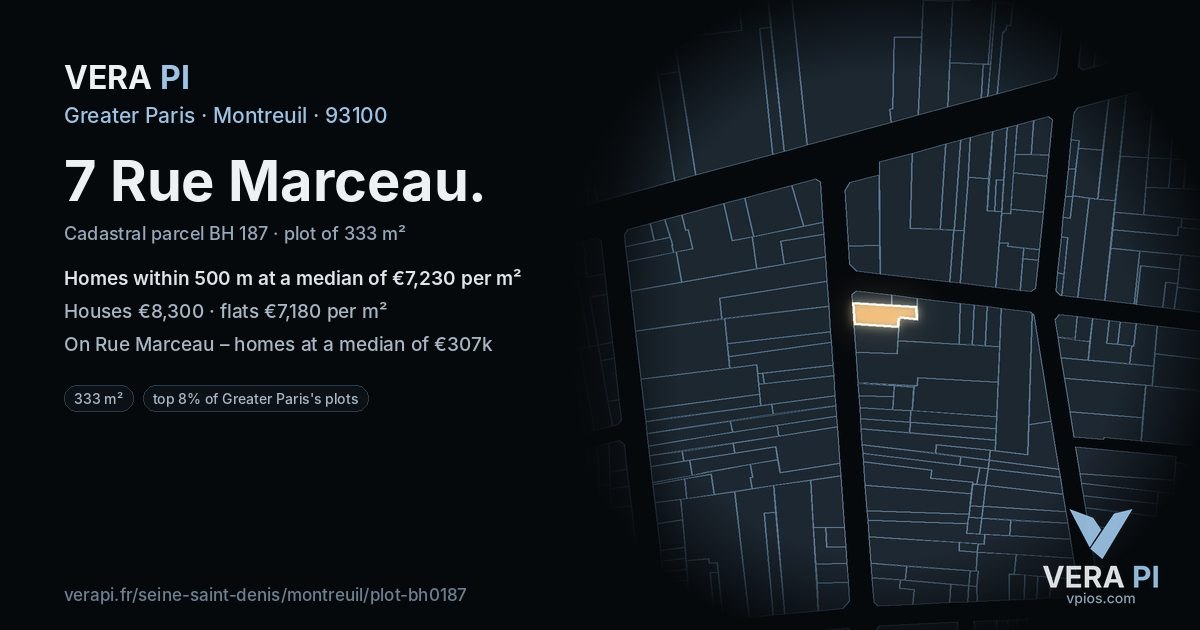 7 Rue Marceau, Montreuil at night – the plot lit, the parcels around coloured by the prices near them