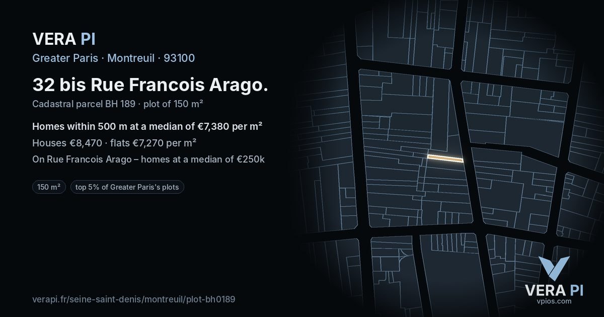 32 bis Rue Francois Arago, Montreuil at night – the plot lit, the parcels around coloured by the prices near them