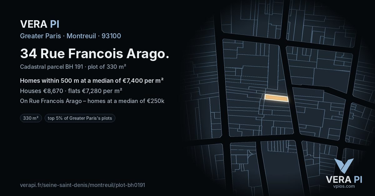 34 Rue Francois Arago, Montreuil at night – the plot lit, the parcels around coloured by the prices near them