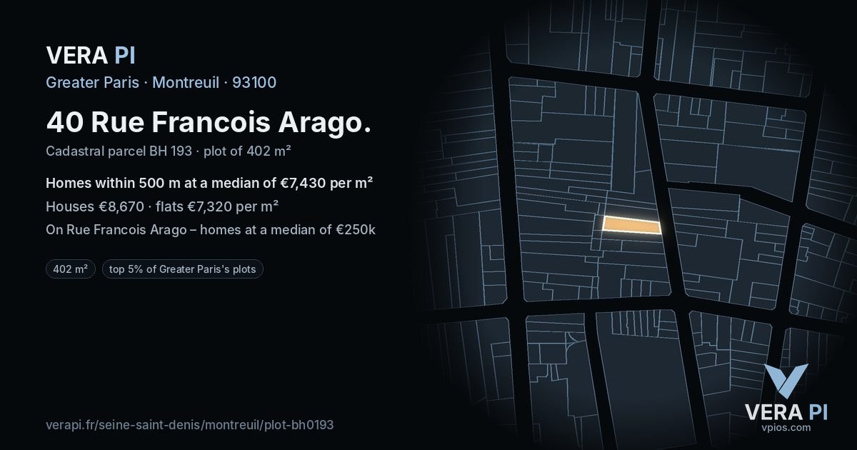40 Rue Francois Arago, Montreuil at night – the plot lit, the parcels around coloured by the prices near them