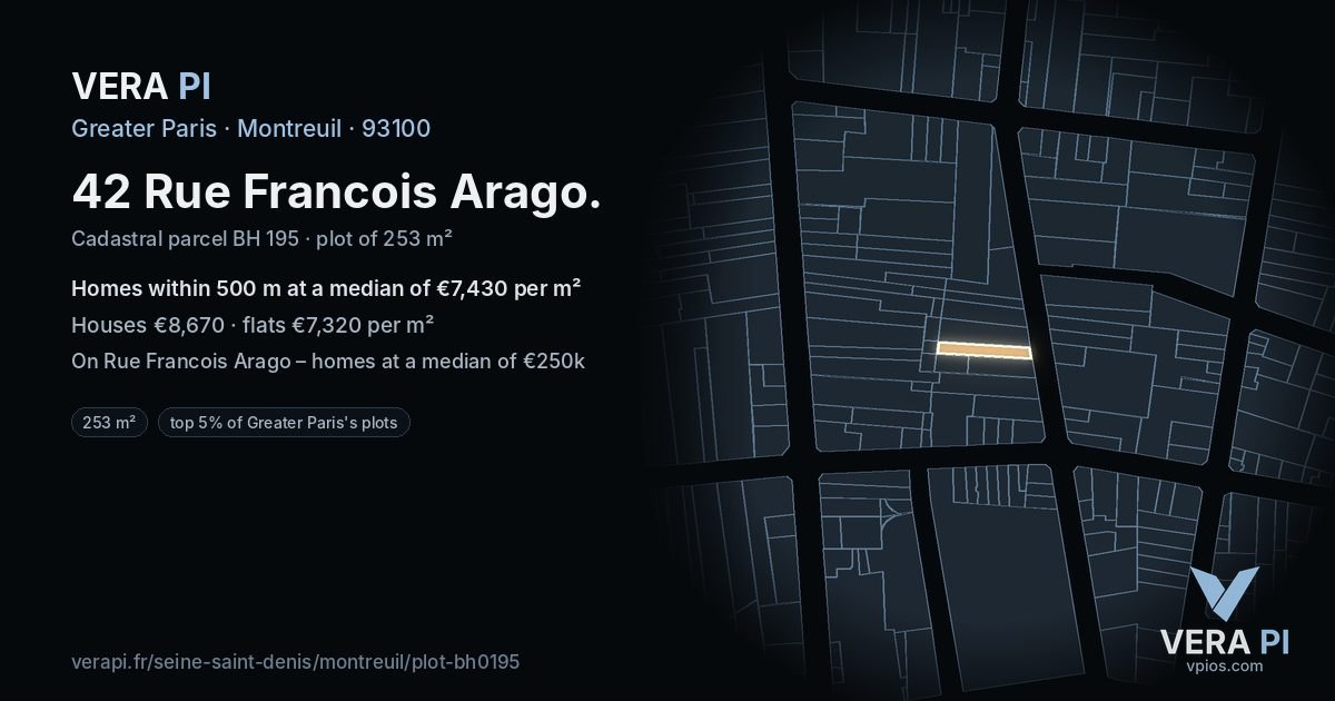 42 Rue Francois Arago, Montreuil at night – the plot lit, the parcels around coloured by the prices near them