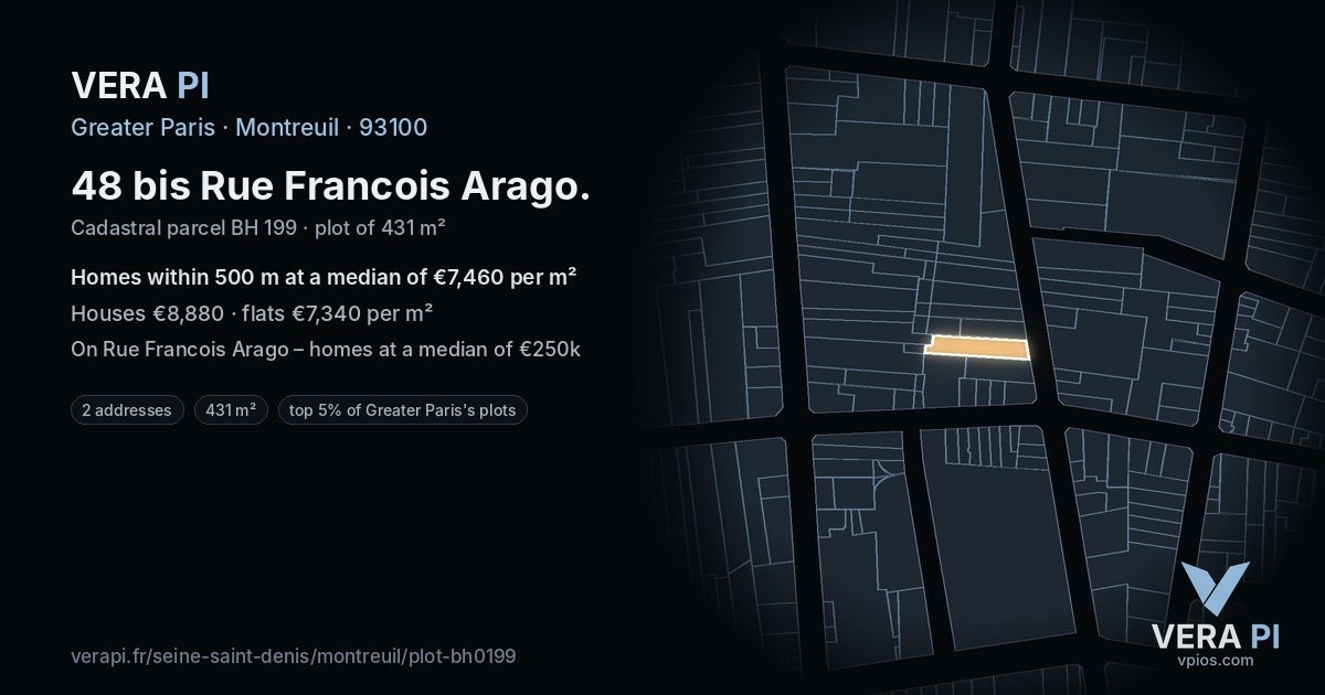 48 bis Rue Francois Arago, Montreuil at night – the plot lit, the parcels around coloured by the prices near them