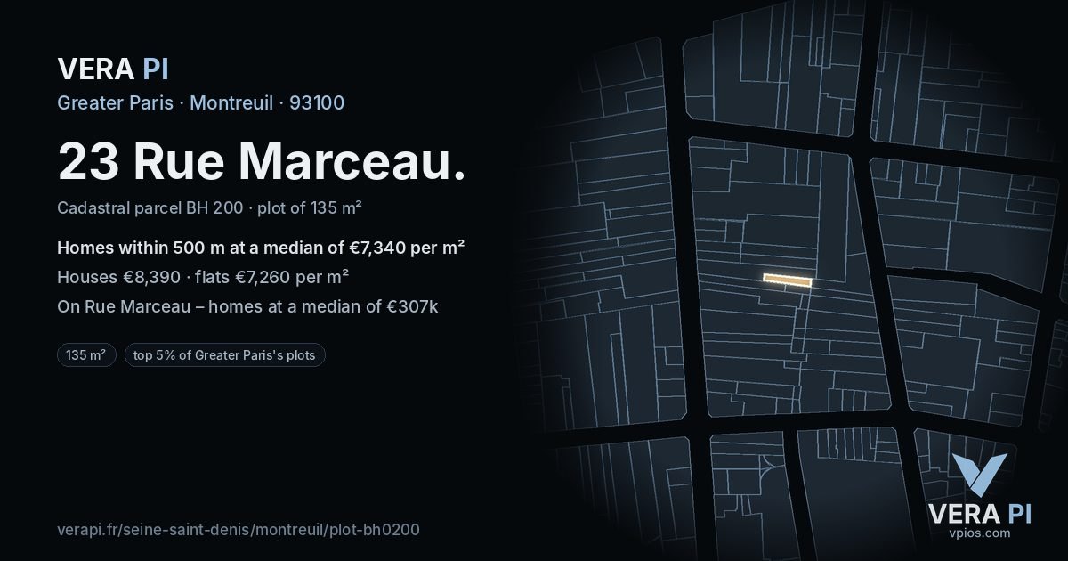23 Rue Marceau, Montreuil at night – the plot lit, the parcels around coloured by the prices near them