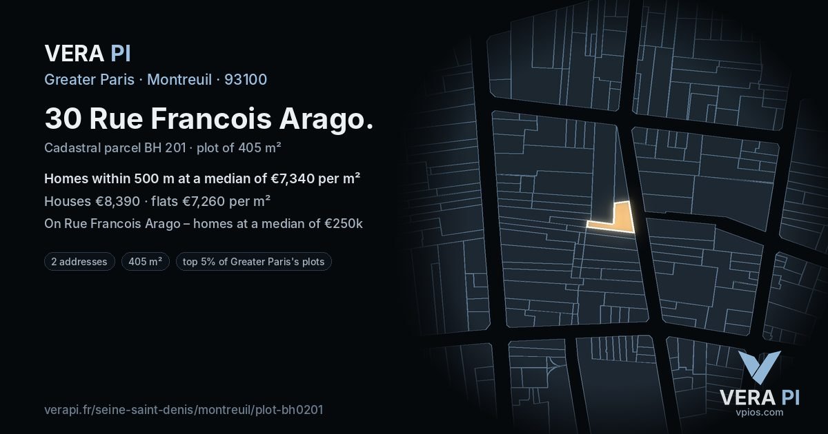 30 Rue Francois Arago, Montreuil at night – the plot lit, the parcels around coloured by the prices near them