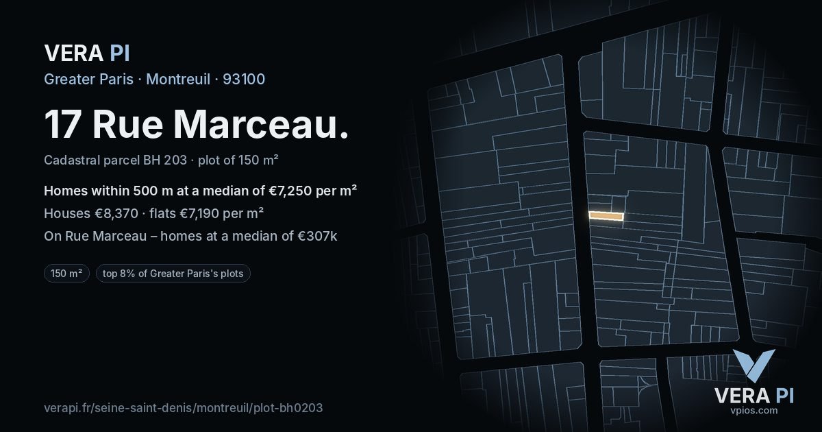 17 Rue Marceau, Montreuil at night – the plot lit, the parcels around coloured by the prices near them