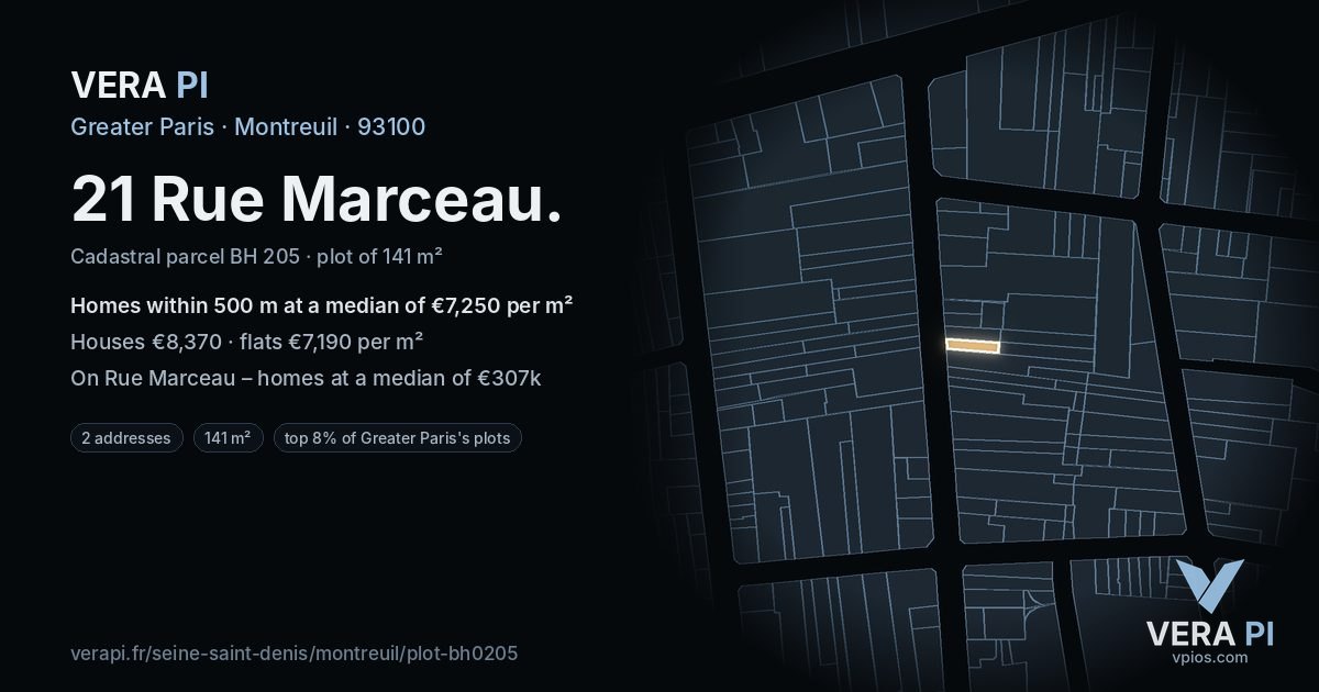 21 Rue Marceau, Montreuil at night – the plot lit, the parcels around coloured by the prices near them