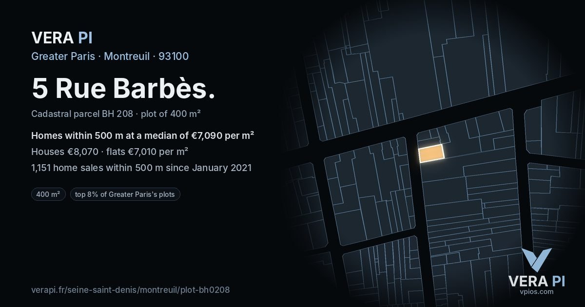5 Rue Barbès, Montreuil at night – the plot lit, the parcels around coloured by the prices near them