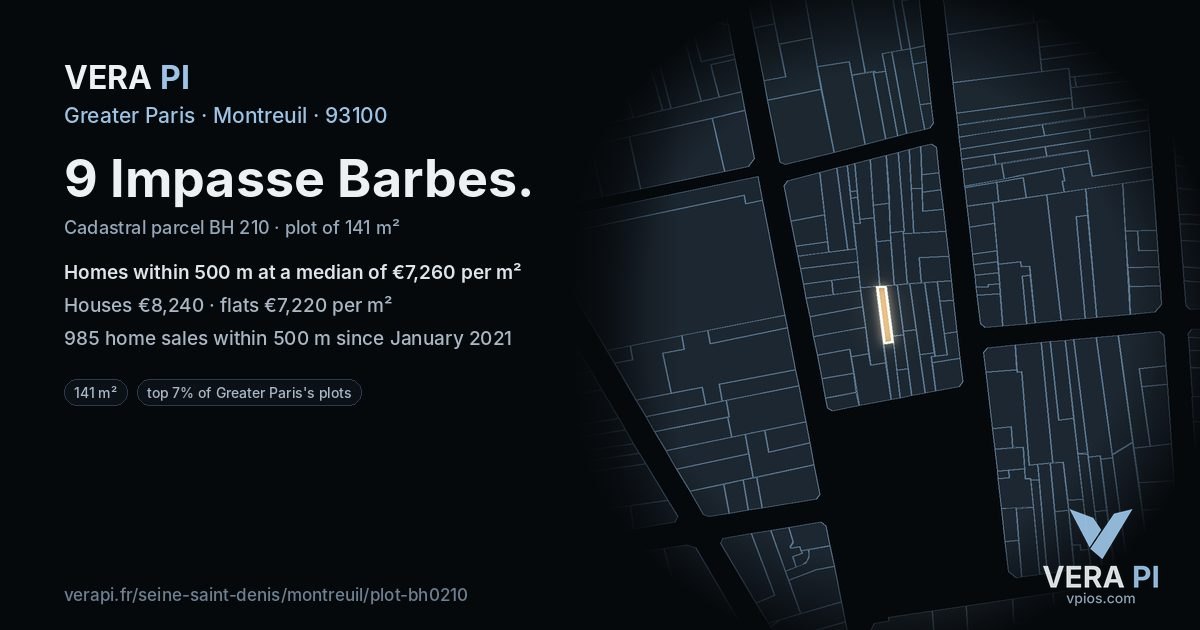 9 Impasse Barbes, Montreuil at night – the plot lit, the parcels around coloured by the prices near them