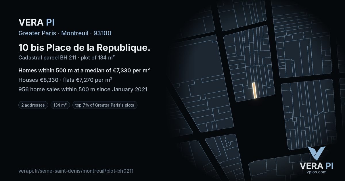 10 bis Place de la Republique, Montreuil at night – the plot lit, the parcels around coloured by the prices near them