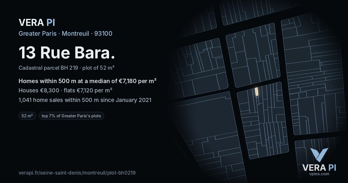 13 Rue Bara, Montreuil at night – the plot lit, the parcels around coloured by the prices near them