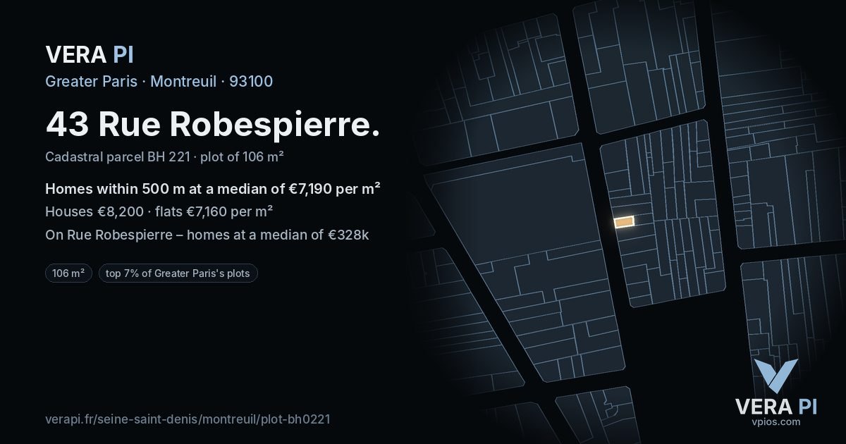 43 Rue Robespierre, Montreuil at night – the plot lit, the parcels around coloured by the prices near them