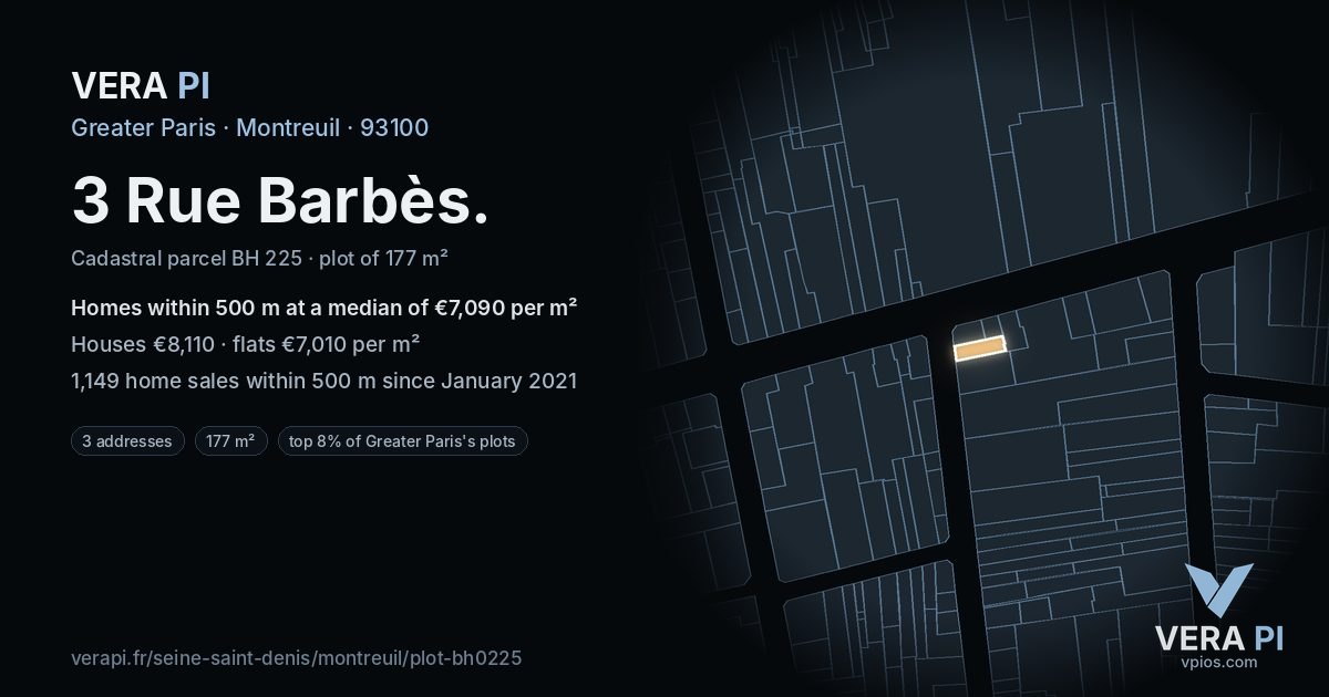 3 Rue Barbès, Montreuil at night – the plot lit, the parcels around coloured by the prices near them