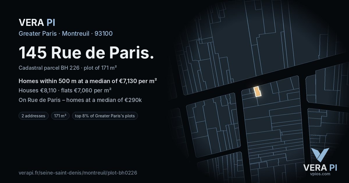 145 Rue de Paris, Montreuil at night – the plot lit, the parcels around coloured by the prices near them