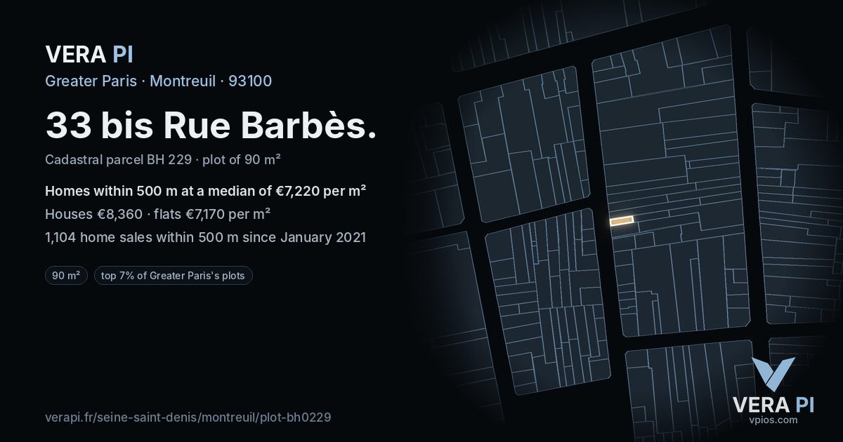 33 bis Rue Barbès, Montreuil at night – the plot lit, the parcels around coloured by the prices near them