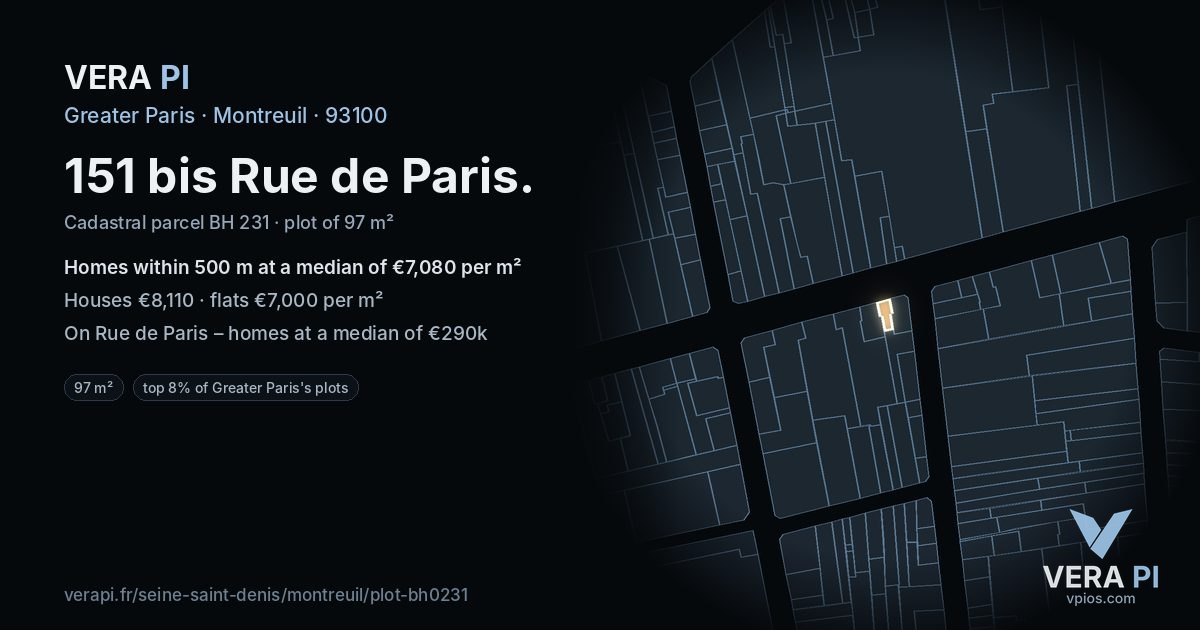151 bis Rue de Paris, Montreuil at night – the plot lit, the parcels around coloured by the prices near them