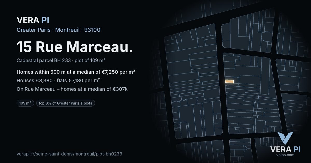 15 Rue Marceau, Montreuil at night – the plot lit, the parcels around coloured by the prices near them