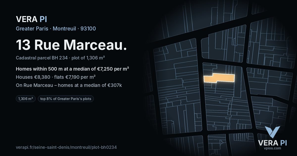 13 Rue Marceau, Montreuil at night – the plot lit, the parcels around coloured by the prices near them
