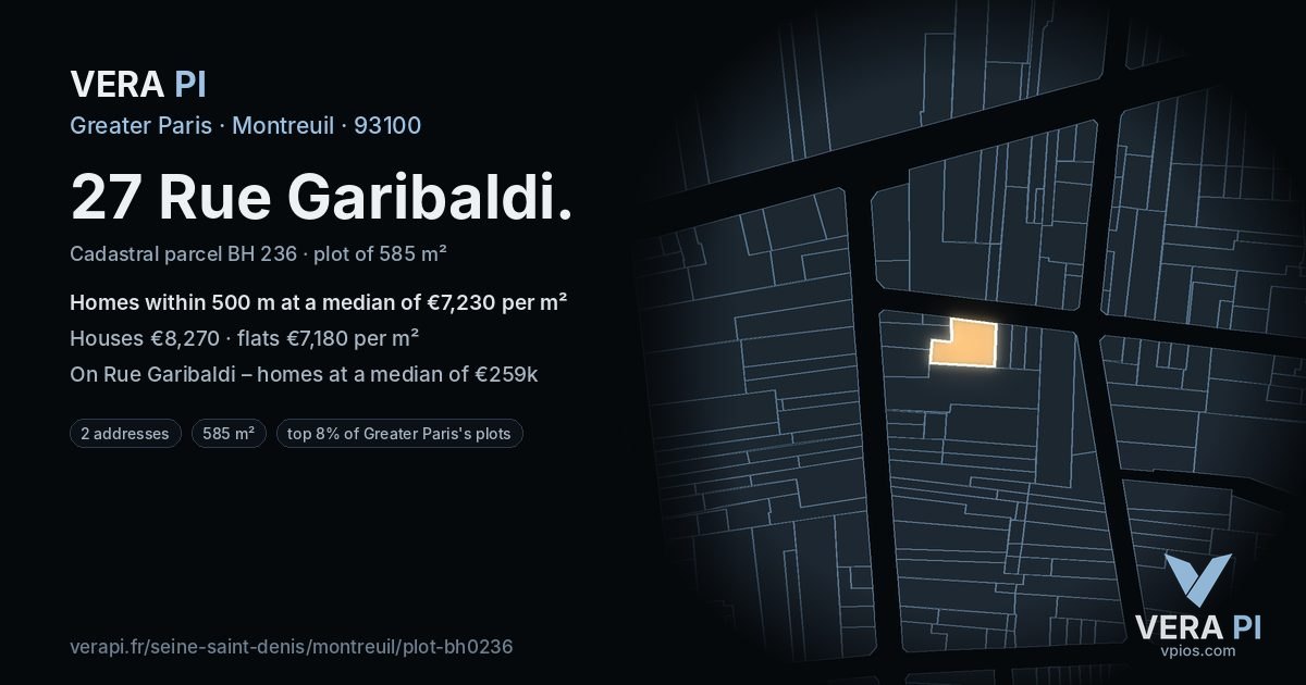 27 Rue Garibaldi, Montreuil at night – the plot lit, the parcels around coloured by the prices near them