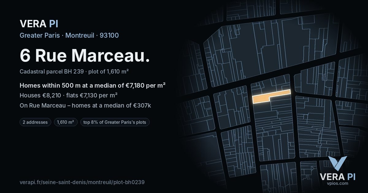6 Rue Marceau, Montreuil at night – the plot lit, the parcels around coloured by the prices near them