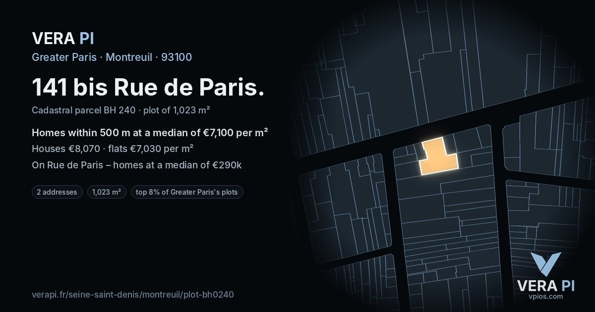 141 bis Rue de Paris, Montreuil at night – the plot lit, the parcels around coloured by the prices near them