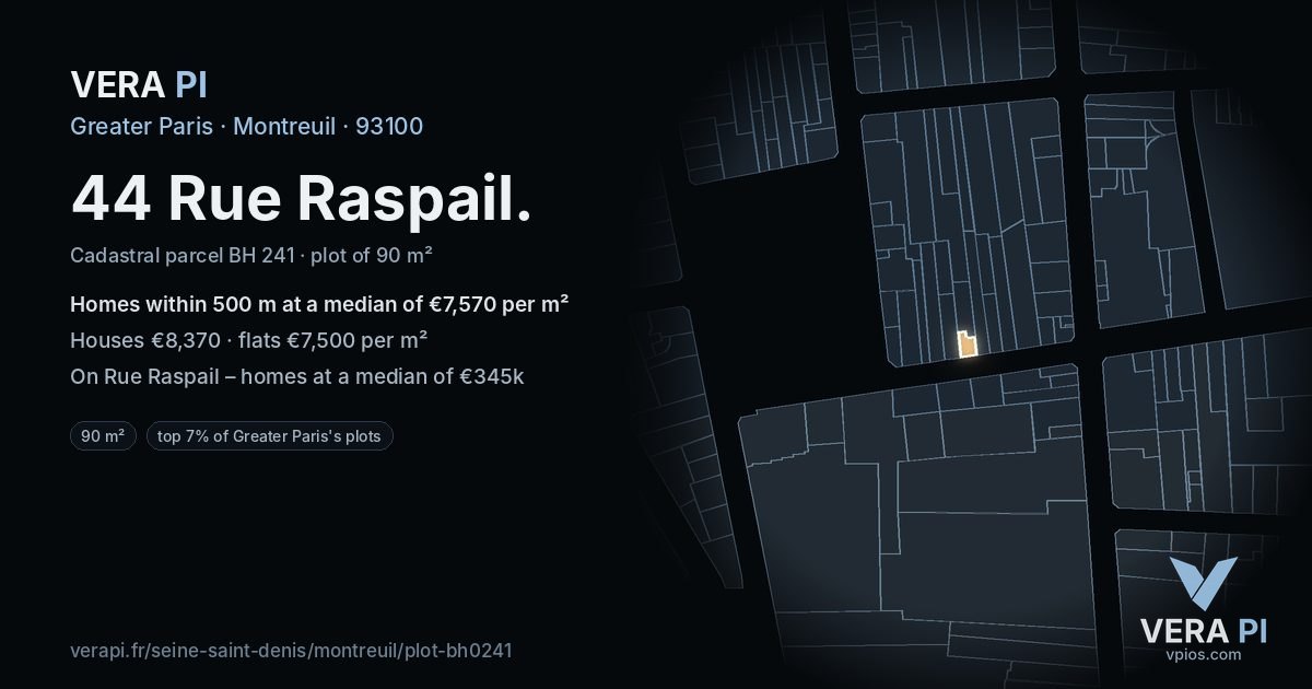 44 Rue Raspail, Montreuil at night – the plot lit, the parcels around coloured by the prices near them