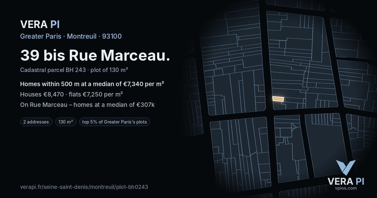 39 bis Rue Marceau, Montreuil at night – the plot lit, the parcels around coloured by the prices near them