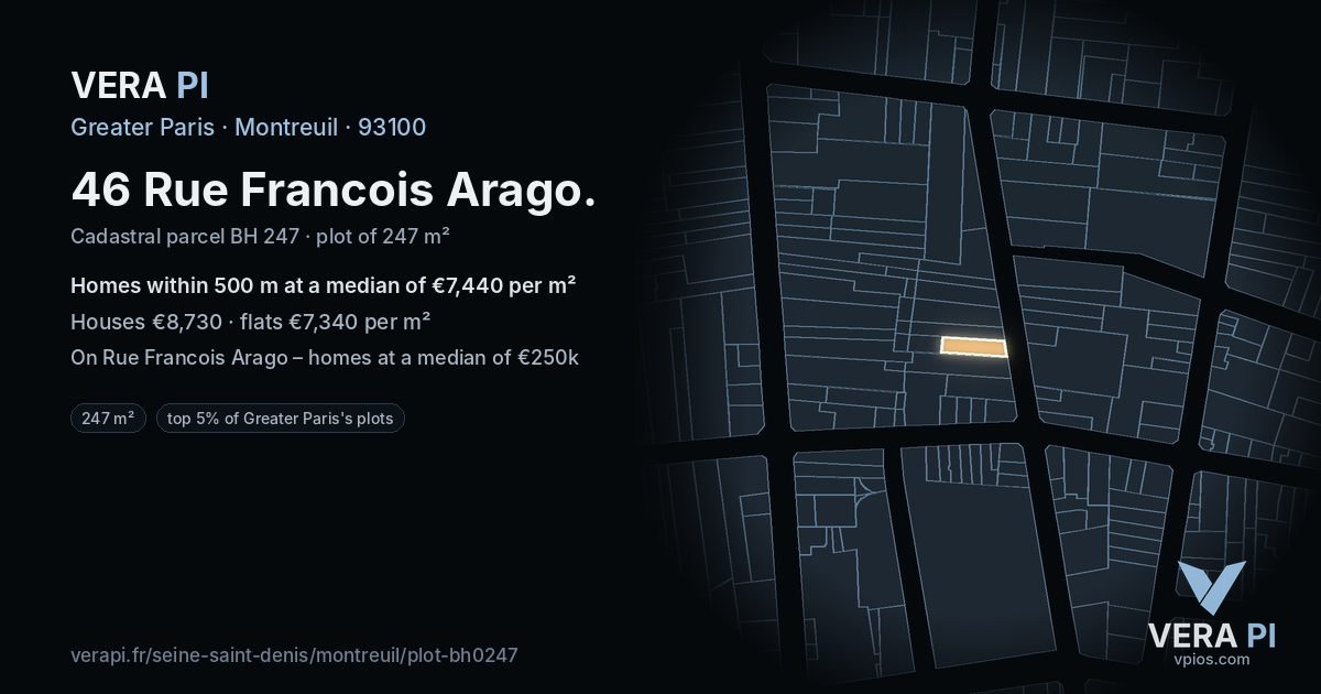 46 Rue Francois Arago, Montreuil at night – the plot lit, the parcels around coloured by the prices near them