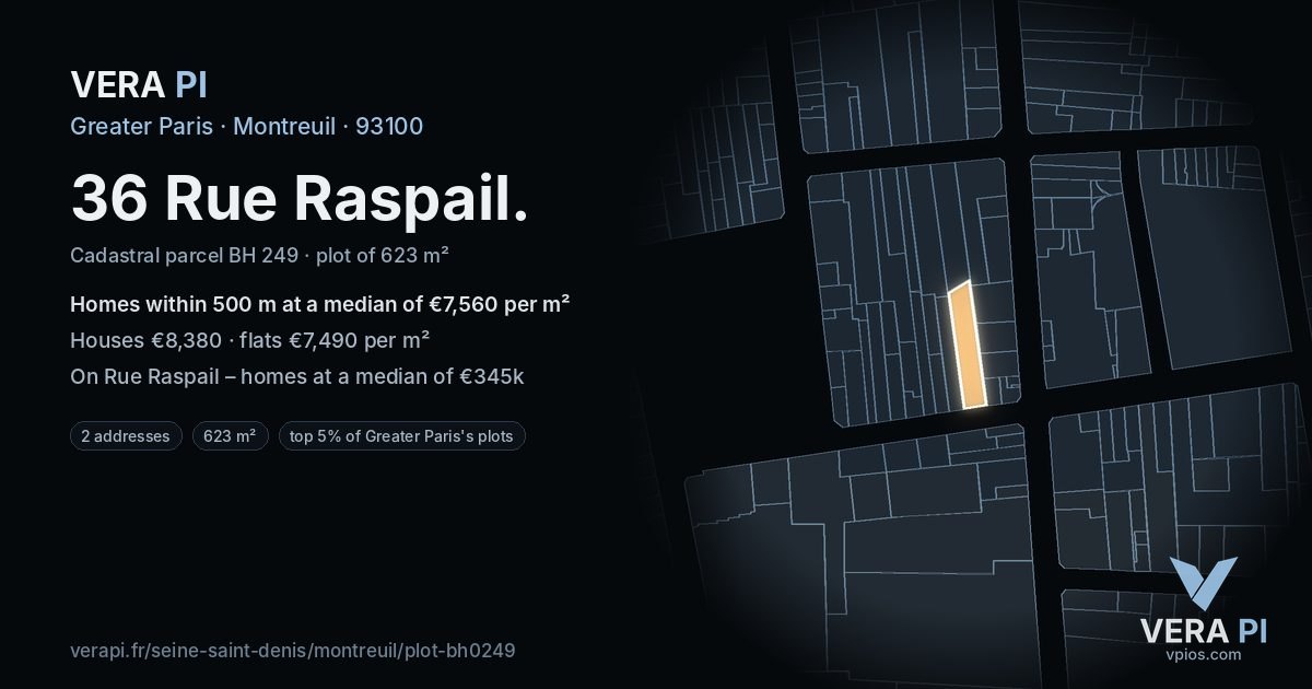 36 Rue Raspail, Montreuil at night – the plot lit, the parcels around coloured by the prices near them