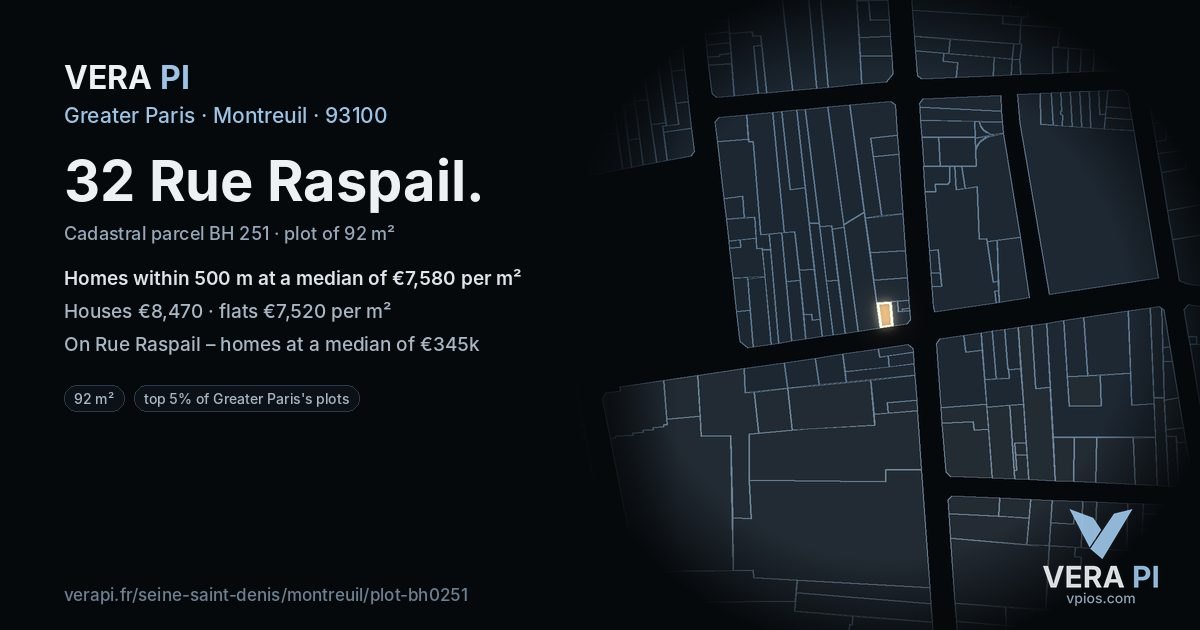 32 Rue Raspail, Montreuil at night – the plot lit, the parcels around coloured by the prices near them