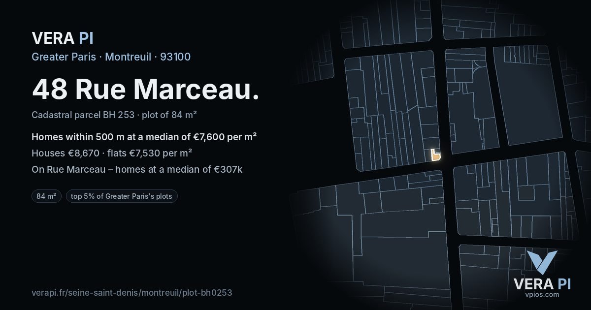 48 Rue Marceau, Montreuil at night – the plot lit, the parcels around coloured by the prices near them