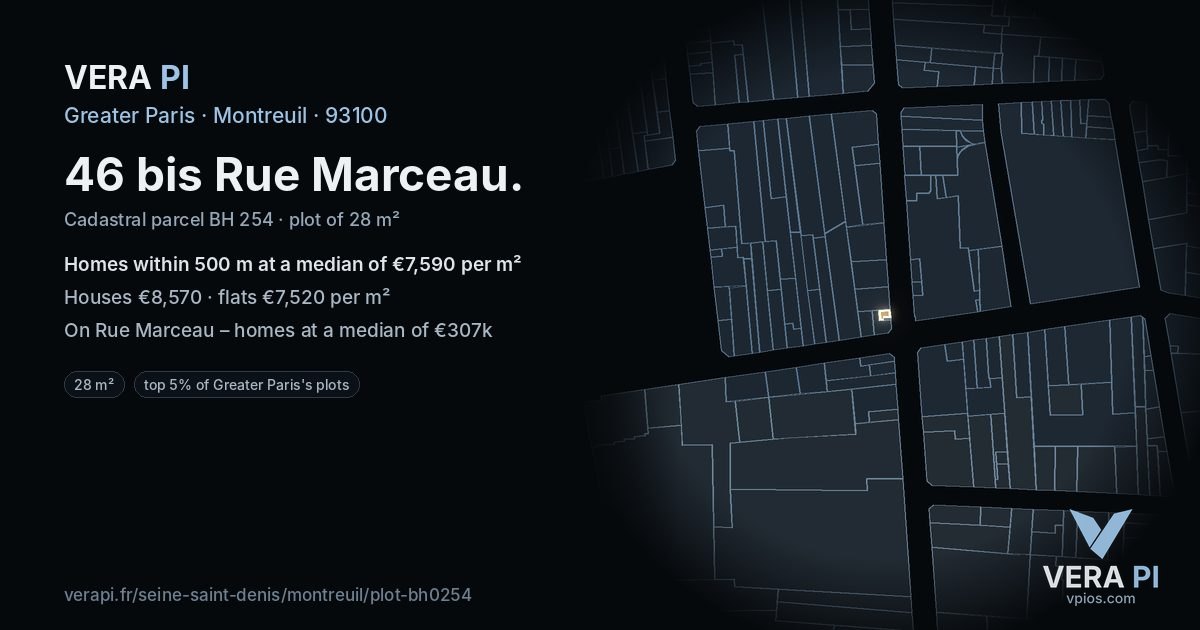 46 bis Rue Marceau, Montreuil at night – the plot lit, the parcels around coloured by the prices near them