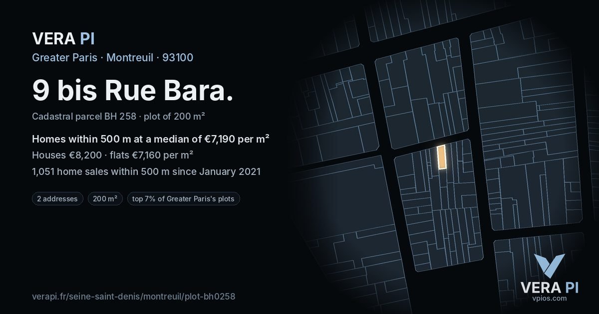 9 bis Rue Bara, Montreuil at night – the plot lit, the parcels around coloured by the prices near them