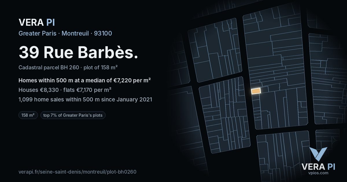 39 Rue Barbès, Montreuil at night – the plot lit, the parcels around coloured by the prices near them