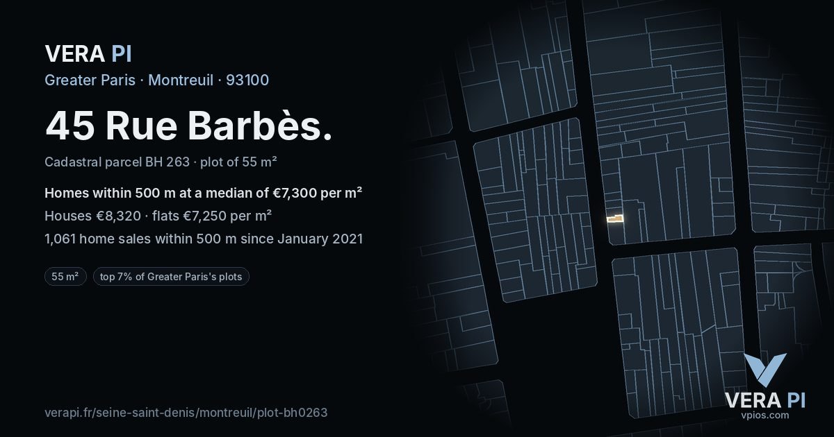 45 Rue Barbès, Montreuil at night – the plot lit, the parcels around coloured by the prices near them