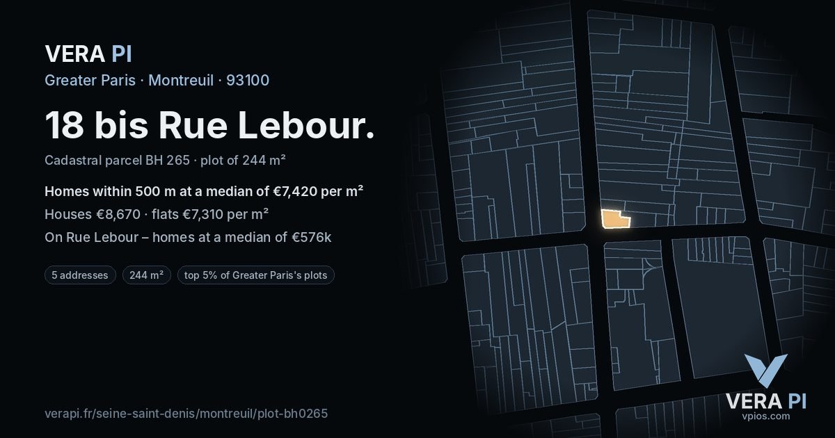 18 bis Rue Lebour, Montreuil at night – the plot lit, the parcels around coloured by the prices near them