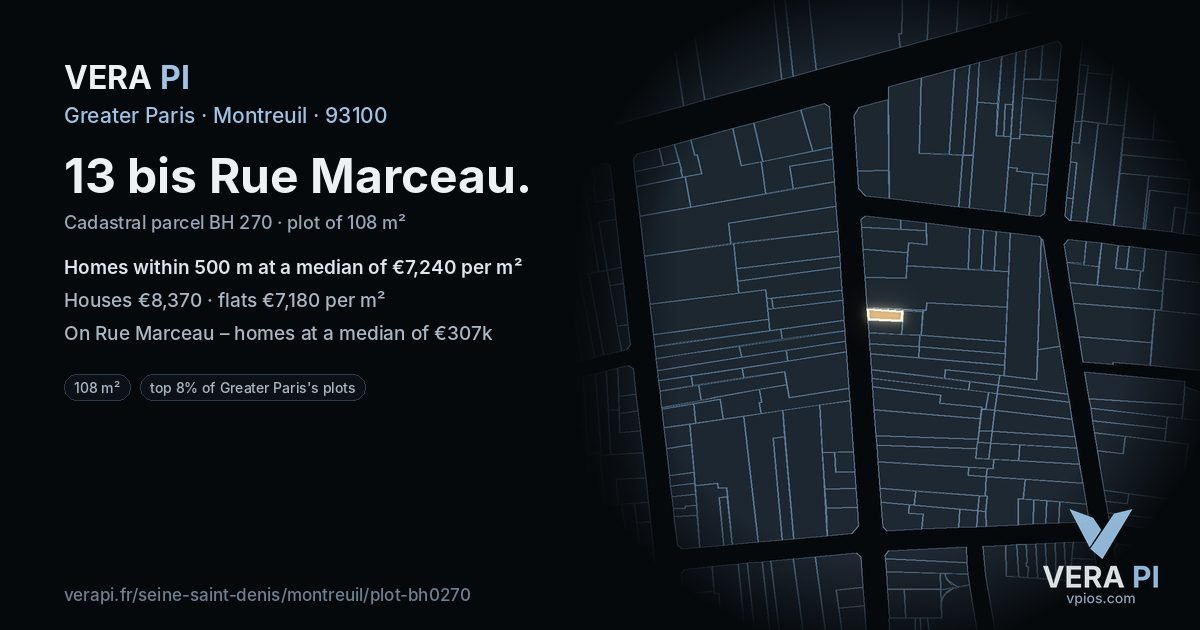 13 bis Rue Marceau, Montreuil at night – the plot lit, the parcels around coloured by the prices near them