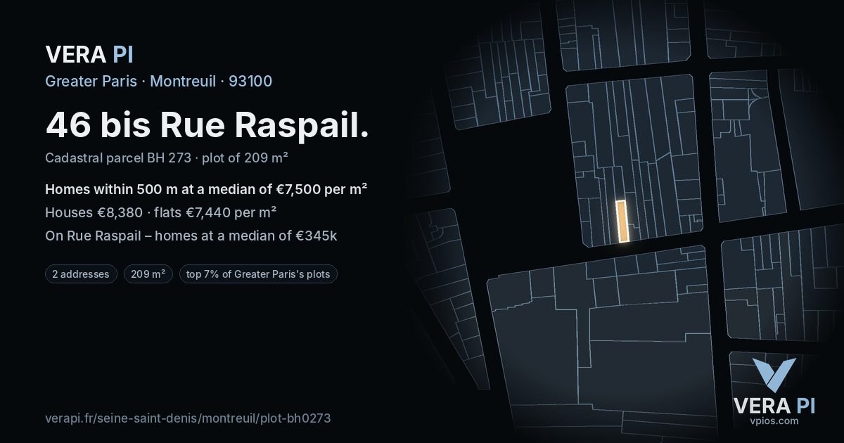 46 bis Rue Raspail, Montreuil at night – the plot lit, the parcels around coloured by the prices near them