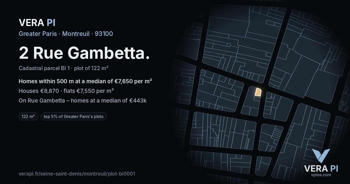 2 Rue Gambetta, Montreuil at night – the plot lit, the parcels around coloured by the prices near them